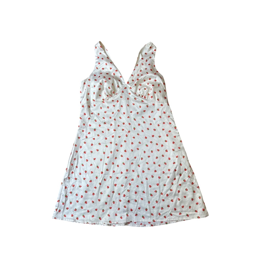 Mi Ami Strawberry Print Dress Women White Satin‎ Cottagecore Mini SIZE L